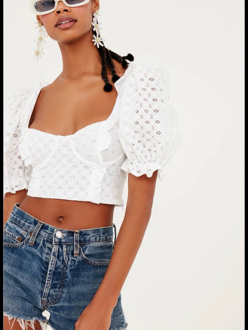 For Love & Lemons White Eyelet Puff-Sleeve Crop Top